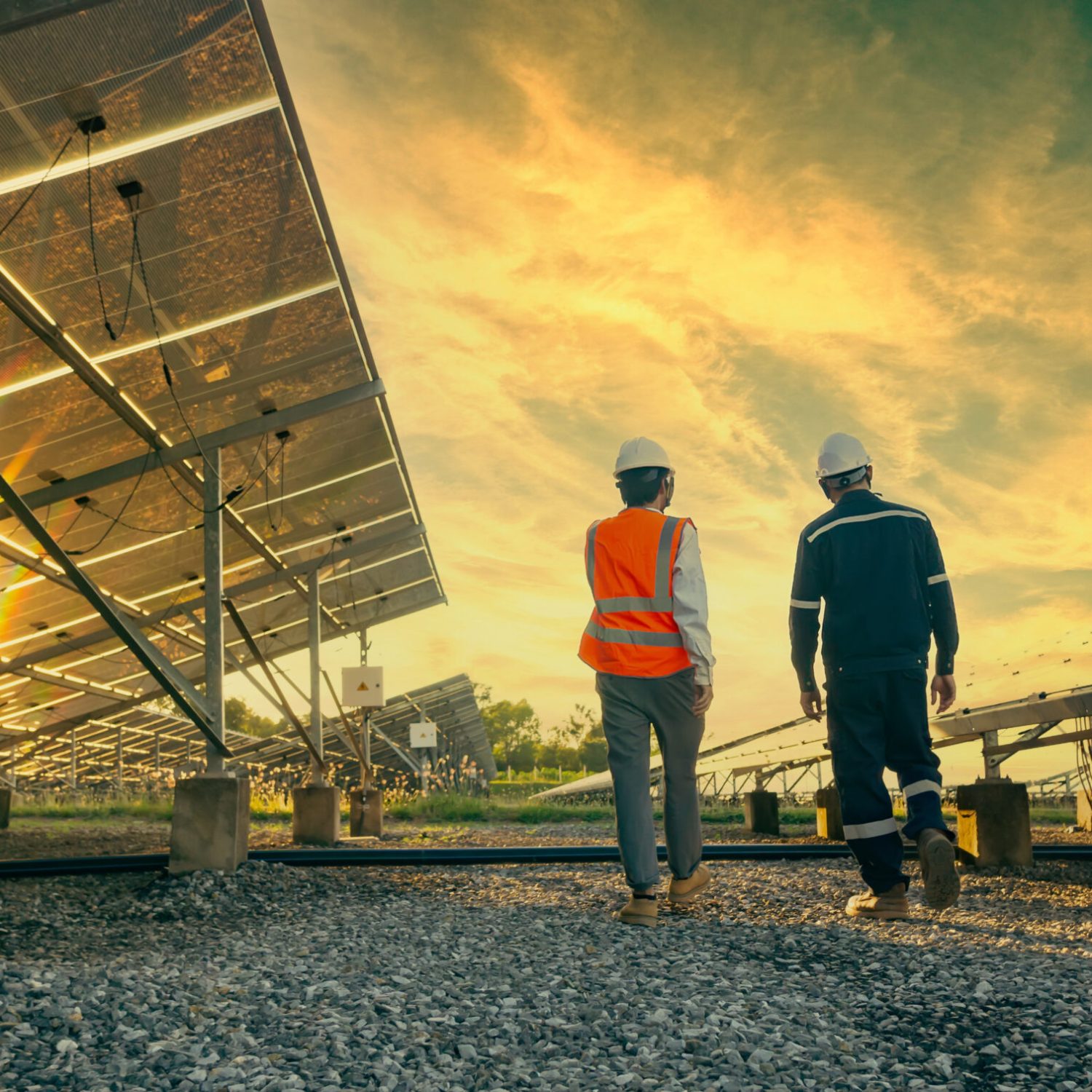 Low angle view of technician walks with investor through field of solar panels, Alternative energy to conserve the world's energy, Photovoltaic module idea for clean energy production.