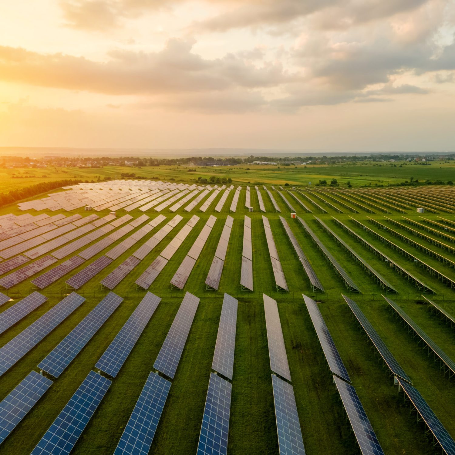 Aerial view of large electrical power plant with many rows of solar photovoltaic panels for producing clean ecological electric energy in morning. Renewable electricity with zero emission concept.